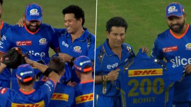 Rohit Sharma Felicitated With Special Jersey By Sachin Tendulkar For Playing 200 Matches For Mumbai Indians Ahead of SRH vs MI IPL 2024 (Watch Video)