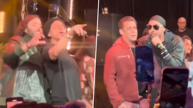 Anant Ambani Joins Shah Rukh Khan, Salman Khan and Akon Onstage for 'Chammak Challo' Performance at His Pre-Wedding Celebrations in Jamnagar (Watch Video)