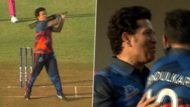 Sachin Tendulkar Bats With Kashmir Para-Cricketer Amir Hussain Lone, Hits a Massive Six off Akshay Kumar’s Bowling During ISPL T10 2024 Special Celebrity Match (Watch Video)