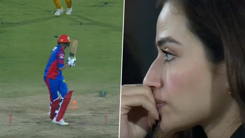 PSL 2024: Wife Sana Javed in Disbelief As Naveen-ul-Haq Sends Husband Shoaib Malik’s Stumps Flying During Peshawar Zalmi vs Karachi Kings Match (Watch Video)