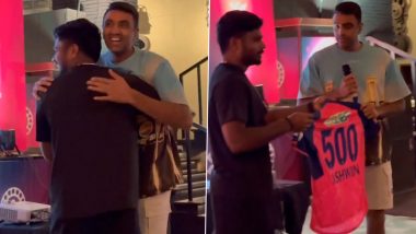 Rajasthan Royals Captain Sanju Samson Presents Ravi Ashwin With a Special Jersey Number 500 Ahead of IPL 2024 (Watch Video)