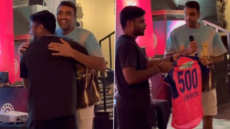 Rajasthan Royals Captain Sanju Samson Presents Ravi Ashwin With a Special Jersey Number 500 Ahead of IPL 2024 (Watch Video)