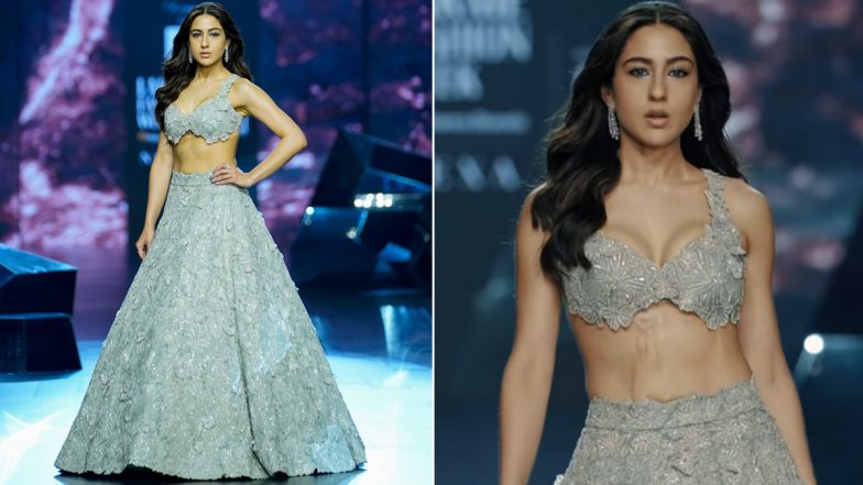 Lakme Fashion Week 2024: Sara Ali Khan Radiates Confidence in Lehenga by Designer Varun Chakkilam, Slays the Ramp With Burn Marks on Abdomen at the Fashion Week