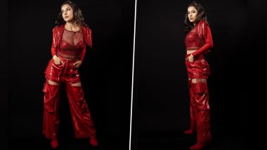 Gorgeous Shehnaaz Gill Sizzles in Red Netted Top With Fringes, and Coordinated Cutout Pant (View Pics)