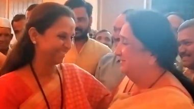 Supriya Sule Shares Warm Hug With Ajit Pawar's Wife Sunetra Pawar During Darshan at Kamleshwar Temple in Baramati (Watch Video)