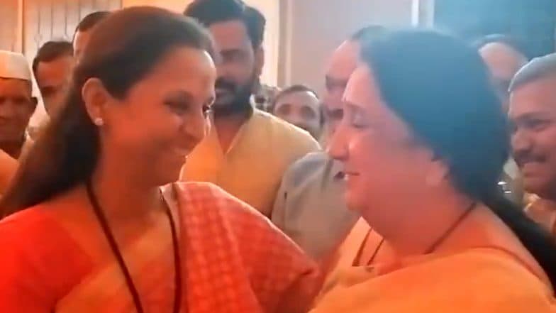 Supriya Sule Shares Warm Hug With Ajit Pawar's Wife Sunetra Pawar During Darshan at Kamleshwar Temple in Baramati (Watch Video)