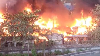 Thane Fire Video: Scrap Godown Gutted After Massive Blaze Erupts in Kalwa, Viral Clip Shows Black Smoke Covering Skies