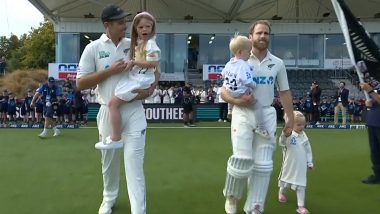 Kane Williamson and Tim Southee Enter Ground With Their Kids As Both Kiwi Superstars Complete 100 Tests During NZ vs AUS 2nd Test 2024 (Watch Video)
