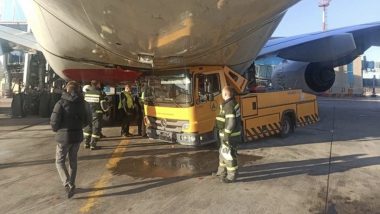 Russia: Truck Gets Stuck Underneath Plane After Crashing Into Emirates Airbus A380 at Moscow Airport (See Pics)