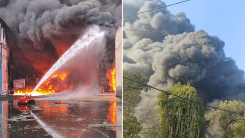Delhi Fire: Massive Blaze Erupts at Godown in Alipur, 34 Fire Tenders Rush To Spot (Watch Videos)