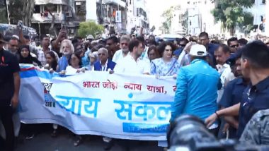 Mumbai: Congress Leader Rahul Gandhi Holds ‘Jan Nyay Padyatra’ From Mani Bhavan Sangrahalaya to August Kranti Maidan (Watch Video)