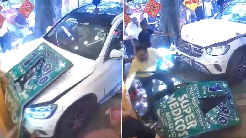 Mercedes Car Crash in Delhi Video: Luxury Car Rams Into Kachori Shop in Rajpur Road, Six Injured; Driver Held After CCTV Footage Surfaces