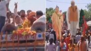 Unnao Lok Sabha Election 2024: BJP MP and Candidate Sakshi Maharaj Holds Unique Roadshow Before Filing His Nomination, 21 Bulldozers Part of Rally (Watch Video)