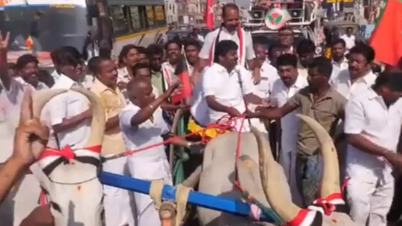 Tamil Nadu Lok Sabha Elections 2024: AIADMK Candidate P Karuppaiah Along With Former State Minister C Vijayabaskar Ride Bullock Cart To Seek Votes in Karumandapam (Watch Video)