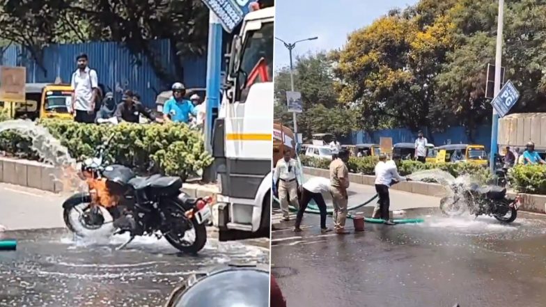 Pune Viral Video: Royal Enfield Bullet Catches Fire in Keshav Nagar Due To Intense Heat, Fire Extinguished by Water Tanker