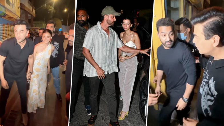 War 2 Actors Hrithik Roshan, Jr NTR Dine With Ranbir Kapoor, Alia Bhatt and Karan Johar in Bandra (Watch Video)