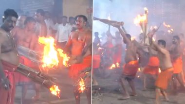 Thootedhara 2024: Devotees Throw Burning Palm Fronds at Each Other During ‘Agni Keli’ Festival at Kateel Sri Durgaparameshwari Temple in Mangaluru (Watch Video)