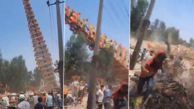 Bengaluru: 120-Foot-Tall Temple Chariot Collapses During Madduramma Fair in Anekal, Devotees Narrowly Escape Death (Watch Video)