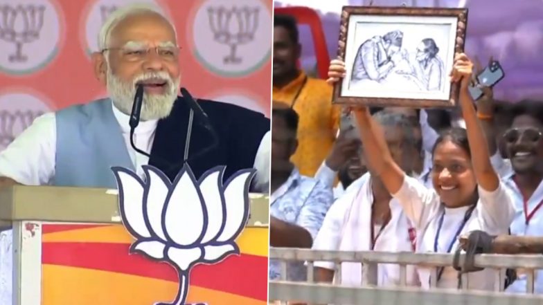 PM Narendra Modi Showers Praise on Girl Who Brought His Sketch in Election Rally in Karnataka's Bagalkot, Says 'Will Definitely Send You a Letter' (Watch Video)