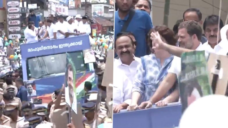 Lok Sabha Elections 2024: Congress Leader Rahul Gandhi Holds Roadshow in Kerala's Wayanad Ahead of Nomination Filing (Watch Videos)