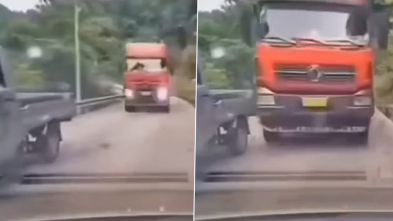 Car Driver Narrowly Misses Collision With Massive Truck Approaching From Opposite Direction on One-way Road on Hill, Chilling Video Surfaces