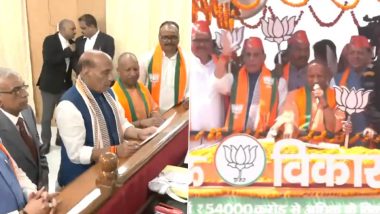 Lok Sabha Elections 2024: Defence Minister Rajnath Singh Files Nomination From Lucknow; UP CM Yogi Adityanath, Pushkar Singh Dhami Join Mega Roadshow (See Pics and Video)