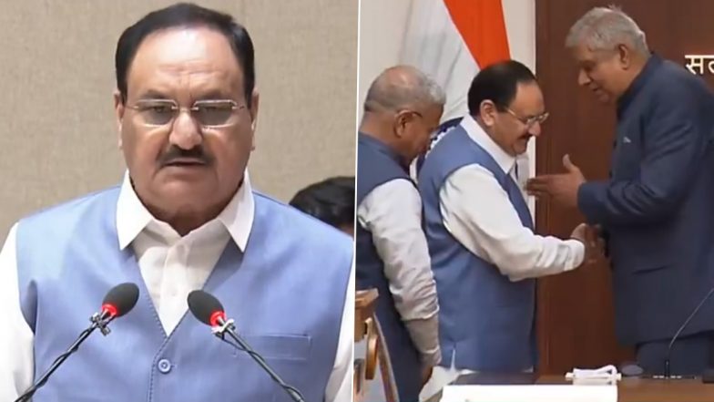 BJP Chief JP Nadda Takes Oath as Member of Rajya Sabha in Delhi (Watch Video)