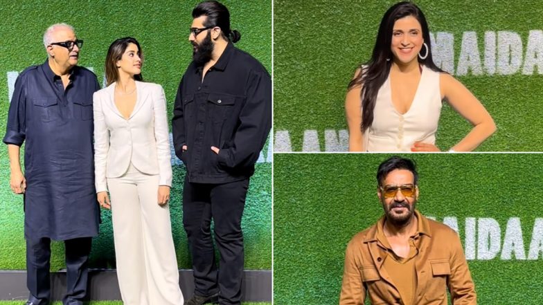 Maidaan Screening: Ajay Devgn, Boney Kapoor, Janhvi Kapoor, Arjun Kapoor and Mannara Chopra Arrive in Style (Watch Videos)