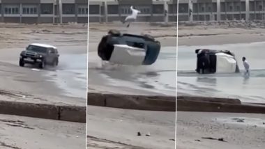Kuwait Car Crash: Man Narrowly Escapes Death as Speeding Four-Wheeler Overturns Several Times on Beach, Chilling Video Surfaces