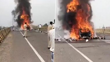 Rajasthan Road Accident: Seven, Including Two Children Charred to Death As Car Catches Fire After Hitting Truck on Churu Highway (Watch Videos)