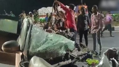 Andhra Pradesh Road Accident: Three Killed, Two Injured After Speeding Car Hits Lorry Near Musunuru Toll Plaza in Nellore District