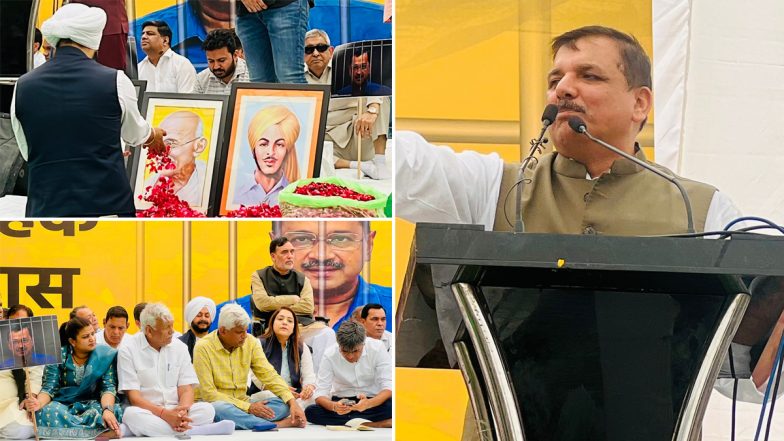 Arvind Kejriwal Arrest: AAP Leaders at Jantar Mantar, Hold Collective Fast To Protest Against Delhi CM's Arrest; Similar Protests Held Abroad (See Pics and Videos)