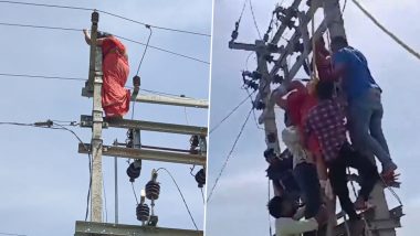 Uttar Pradesh Viral Video: Woman Climbs High-Tension Electric Pole In Gorakhpur After Husband Finds Out About Her Extramarital Affair