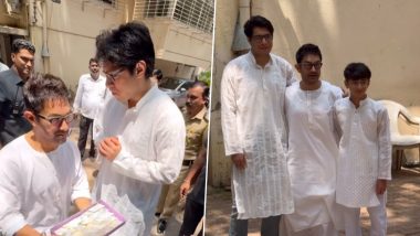 Eid 2024: Aamir Khan Along With His Sons Junaid Khan and Azad Rao Khan, Delights Fans With Sweet Distribution and Greetings! (Watch Video)