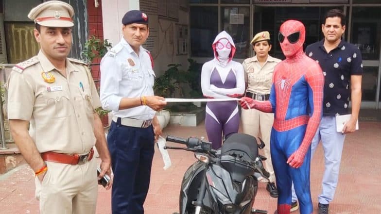 'Spider-Man' Fined in Delhi: Youth Along With Female Friend Performs Dangerous Bike Stunt Wearing Superhero Costume in Najafgarh, Police Impose Fine After Video Goes Viral