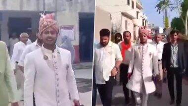 Groom Reaches Polling Booth, Casts His Vote in Wedding Attire in Rajasthan’s Udaipur (Watch Video)