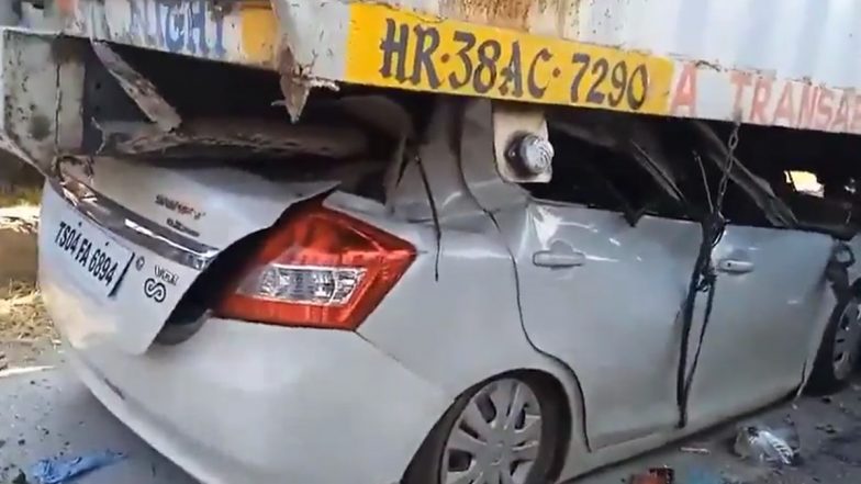 Telangana Road Accident Video: Two Killed As Speeding Car Loses Control and Crashes Under Parked Container Truck in Suryapet