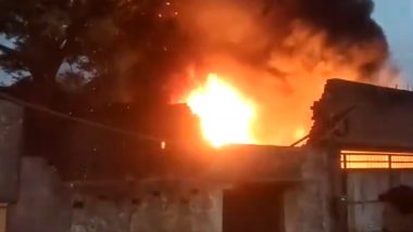 Uttar Pradesh Fire Video: Massive Blaze Engulfs Rubber Warehouse in Meerut, Firefighters on Scene