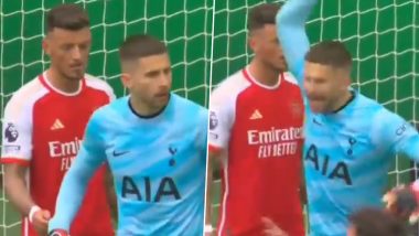 Arsenal Defender Ben White Cheekily Attempts to Remove Tottenham Hotspurs' Goalkeeper Guglielmo Vicario’s Gloves During A Corner in North London Derby of Premier League 2023-24 (Watch Video)