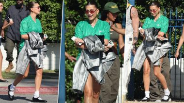 Hailey Bieber Radiates Summer Vibes in Oversized Enamel Shirt and Breezy Shorts (See Pics)