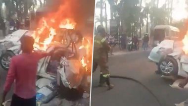 Bijnor Road Accident: Car Bursts Into Flames After Truck Overturns on It, Driver Burnt Alive; Disturbing Video of Burning Vehicle Surfaces