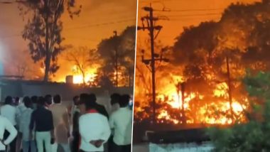 Durg Factory Fire Video: Massive Blaze Erupts at Chemical Factory in Chhattisgarh's District, Firefighters on Scene