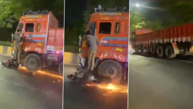 Hyderabad Hit-and-Run Video: Man Stands on Truck's Footboard as Driver Drags Bike Underneath, Accused Arrested After Shocking Clip Goes Viral