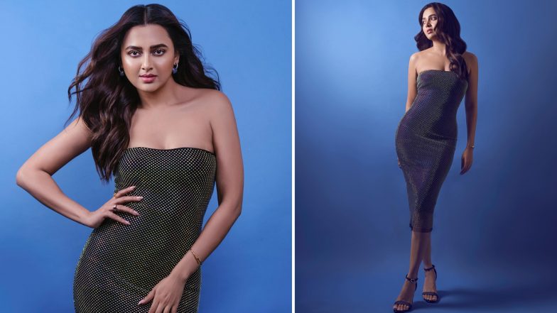 Tejasswi Prakash Flaunts her Hourglass Figure in Silver Metallic Rhinestone Midi Party Dress (View Pics)