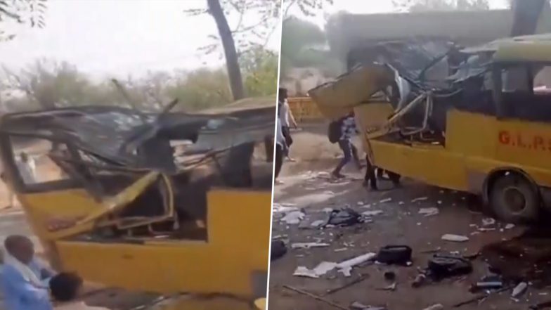 School Bus Accident in Haryana: Several Students Injured As Vehicle Overturns Narnaul (Watch Video)