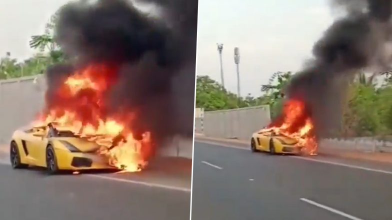 Lamborghini Set on Fire in Hyderabad: Unidentified Persons Set Luxury Car Worth Over Rs 3 Crore Ablaze on Road Over Money Dispute, Video Surfaces