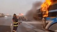 Maharashtra Bus Fire Video: Blaze Engulfs Private Vehicle With 36 Passengers on Mumbai-Pune Expressway Near Vadgaon, Firefighting Operations Underway
