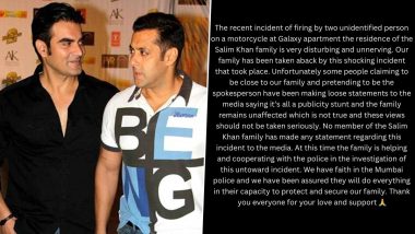 Arbaaz Khan Issues Statement After Firing Incident at Salman Khan's Mumbai Residence, Slams People Calling it 'Publicity Stunt'