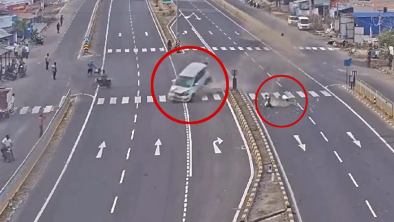 Tamil Nadu Road Accident Video: Four of Family Among Five Dead After Speeding SUV Hits Moped on Virudhunagar-Madurai Highway, CCTV Footage Surfaces