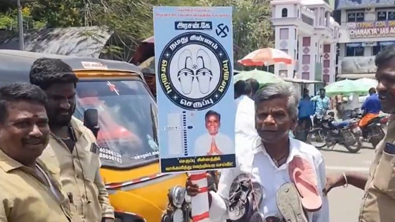 Lok Sabha Elections 2024: Viluppuram Independant Candidate Arasan K Campaigns Wearing Footwear Garland (Watch Video)